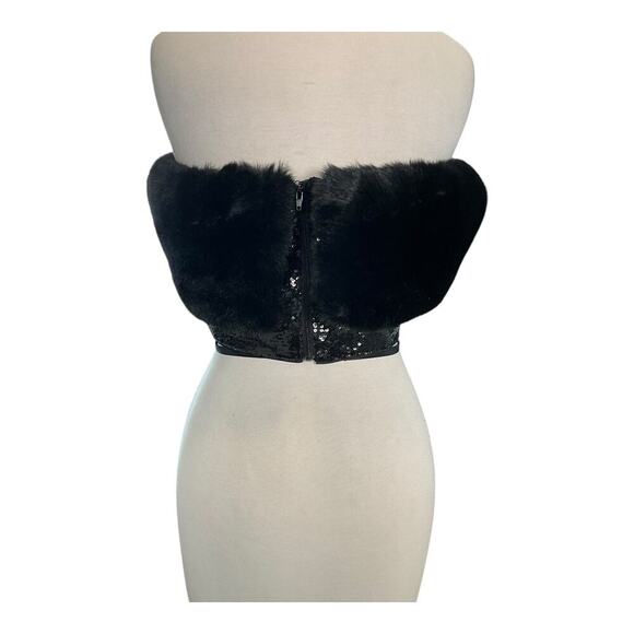 AVEC LES FILLES Crop Top NWT Black on Black Zip Sequin Bottom Faux Fur Top Large - Picture 7 of 13